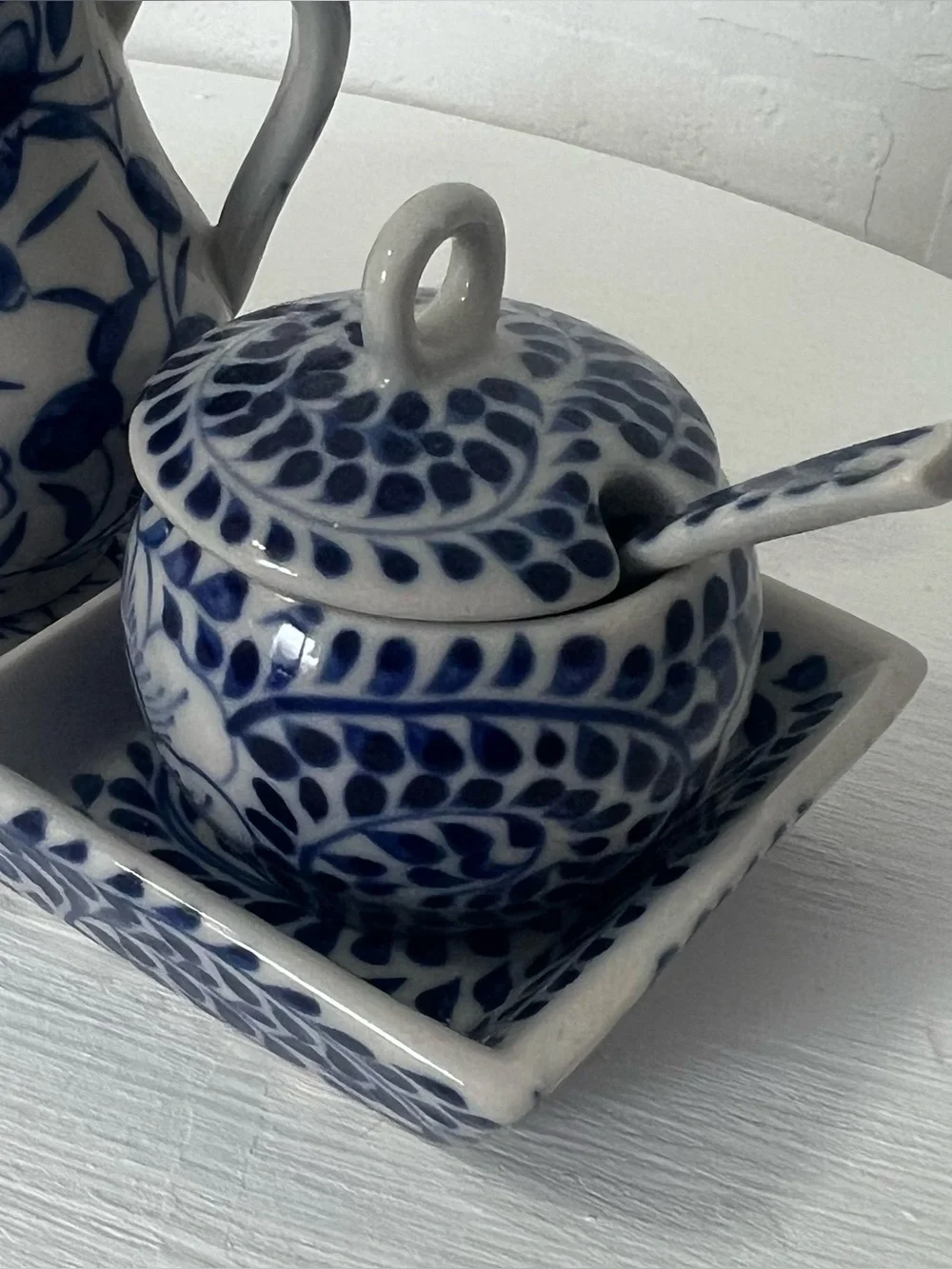 Vintage Blue White Talavera Style Floral Sugar Cream Condiment Set Tray & Spoons